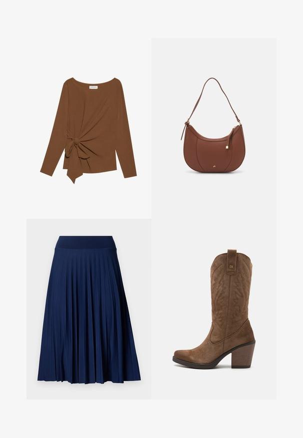 Pruuni pikad varrukad ja laia kaelusega topp, millel on ühe külje sõlmekaunistus, valmistatud pehmest ja tekstuuriga kangast.; Tumed pleiditud seelik laia vöökohaga, valmistatud sileda kangaga. Omab vertikaalseid pleite ja ulatub keskpaigani.; mtng TIJUANA - Kauboi-/mootorrattasaapad - brown/white; Pruun faux nahast õlaline kott, millel on kaarjas kuju, minimaalne õmblemine ja kuldse tooni metallist aksessuaar. Omab ülemist tõmblukku ja reguleeritavat rihma.