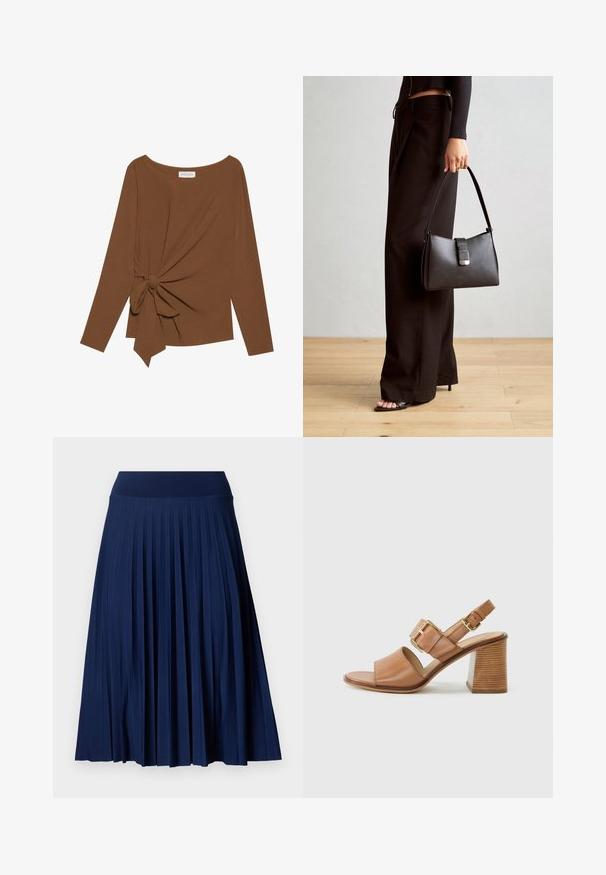 Brauner Langarm-Top mit weitem Ausschnitt und Knoten-Detail auf einer Seite, aus weichem, strukturiertem Stoff.; Marineblauer gefälteter Rock mit breitem Taillenbund, aus glattem Stoff gefertigt. Verfügt über vertikale Falten und reicht bis zur Mitte der Waden.; Braune Leder-Absatzsandalen mit einem breiten Vorderriemen, verstellbarem Knöchelriemen mit einer goldenen Schnalle und einem strukturierten Blockabsatz.; Schwarze Handtasche mit strukturierter Form, glatter Textur und einem metallischen Verschluss. Kombiniert mit weiten schwarzen Hosen und offenen Sandalen auf einem Holzboden.