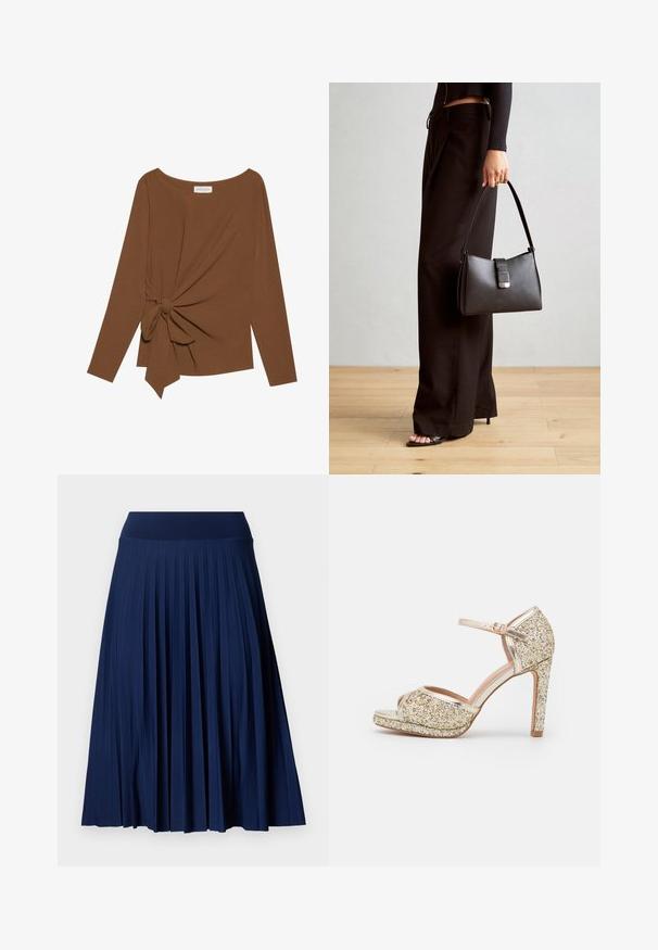 Brown long-sleeve top featuring a wide neckline and a knot detail on one side, made of soft, textured fabric.; Navy pleated skirt with a wide waistband, made from a smooth fabric. Features vertical pleats and falls to mid-calf length.; Gold glitter high-heeled sandal with an open toe, ankle strap, and chunky platform. Smooth metallic accents enhance the overall design.; Black handbag with structured shape, smooth texture, and a metallic clasp. Paired with wide black pants and open-toe sandals on wooden floor.