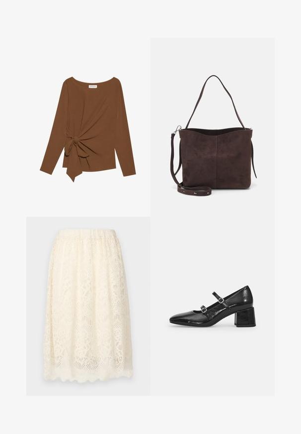 Top castanho de manga longa com decote largo e detalhe em nó de um lado, feito de um tecido suave e texturizado.; Saia de renda na cor crème, apresentando um padrão floral texturizado, cintura elástica e um acabamento em borda ondulada para um detalhe adicional.; Sapatos Mary Jane de verniz preto com biqueira pontiaguda, duas tiras ajustáveis e um salto bloco robusto. Textura suave e acabamento brilhante.; Saco tote em camurça castanha com uma textura suave, apresentando uma única alça de ombro e uma abertura superior levemente curvada. Sem detalhes de hardware visíveis.