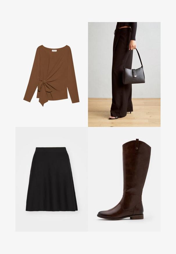 Ruskea pitkähihaisen ylin vaate, jossa on leveä pääntie ja solmukohta toisella sivulla, valmistettu pehmeästä, teksturoidusta kankaasta.; Lindex SKIRT DAGMAR - A-linjainen hame - black; Ruske knee-high sačinjene od glatke kože, s okruglim nosom, niskim složenim potplatom i suptilnim uzorkom šavova duž strana.; Musta käsilaukku, jossa on rakenteellinen muoto, sileä pinta ja metallinen solki. Yhdistetty leveisiin mustiin housuihin ja avonaiheisiin sandaaleihin puulattialla.