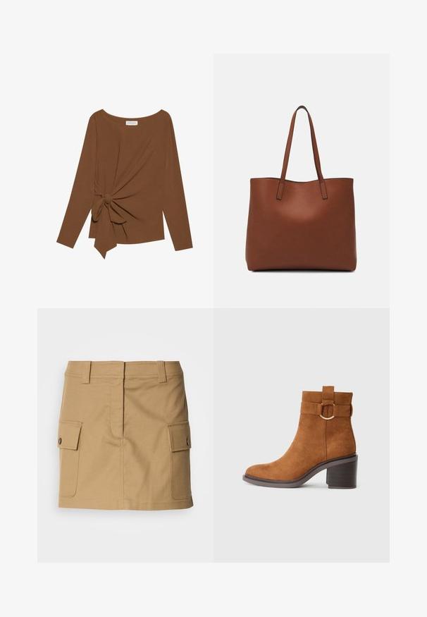 Cămașă lungă maro cu mâneci lungi, având un decolteu larg și un detaliu nod pe o parte, confecționată dintr-un material moale, texturat.; Fustă din bumbac khaki, cu talie fentată, buzunare laterale duale cu închidere pe capac și croială dreaptă. Material durabil, cu o textură netedă.; Botine din suede maro, cu vârf rotunjit, toc bloc și o curea decorativă cu detaliu în formă de cataramă circulară.; Geantă de umăr din piele maro cu o textură netedă, design cu vârf deschis și două curele pentru umăr. Prezintă cusături minime și fără componente metalice vizibile.