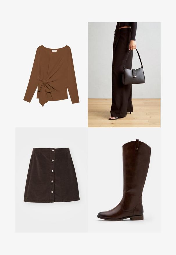 Bruine lange mouwen top met een brede halslijn en een knoopdetail aan één zijde, gemaakt van zachte, gestructureerde stof.; Vero Moda Curve VMCETTA SKATER - A-lijn rok - chocolate torte; Bruine kniehoge laarzen van soepel leer, met een ronde neus, lage gestapelde hak en een subtiel stikselpatroon langs de zijkanten.; Zwarte handtas met gestructureerde vorm, gladde textuur en een metalen sluiting. Gecombineerd met brede zwarte broeken en sandalen met open teen op een houten vloer.