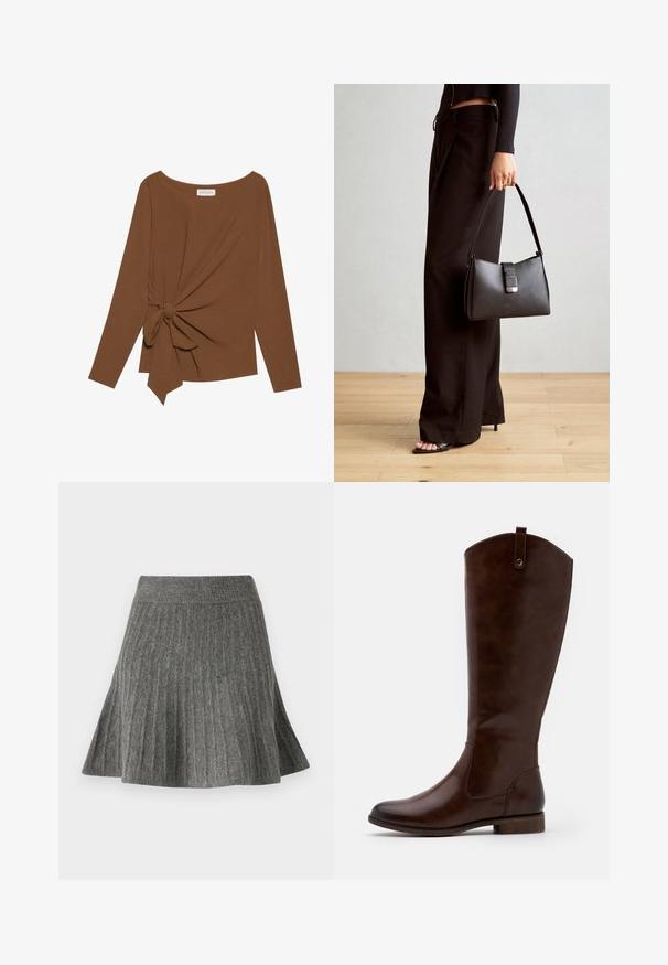 Καφέ μπλούζα με μακριά μανίκια, με πλατιά λαιμόκοψη και λεπτομέρεια κόμπου στη μία πλευρά, φτιαγμένη από μαλακό, υφασματοποιημένο ύφασμα.; Γκρίζα, πτυχτωτή φούστα φτιαγμένη από απαλό υλικό. Διαθέτει λαστιχένια μέση και φαρδιά γραμμή, προσφέροντας μια υφή στην εμφάνιση.; Καφέ μπότες μέχρι το γόνατο φτιαγμένες από λείο δέρμα, με στρογγυλή μύτη, χαμηλό κωνικό τακούνι και διακριτό σχέδιο ραφής κατά μήκος των πλευρών.; Μαύρη τσάντα χειρός με δομημένο σχήμα, λεία υφή και μεταλλικό κούμπωμα. Συνδυασμένη με φαρδιά μαύρα παντελόνια και σανδάλια ανοιχτής μύτης πάνω σε ξύλινο πάτωμα.