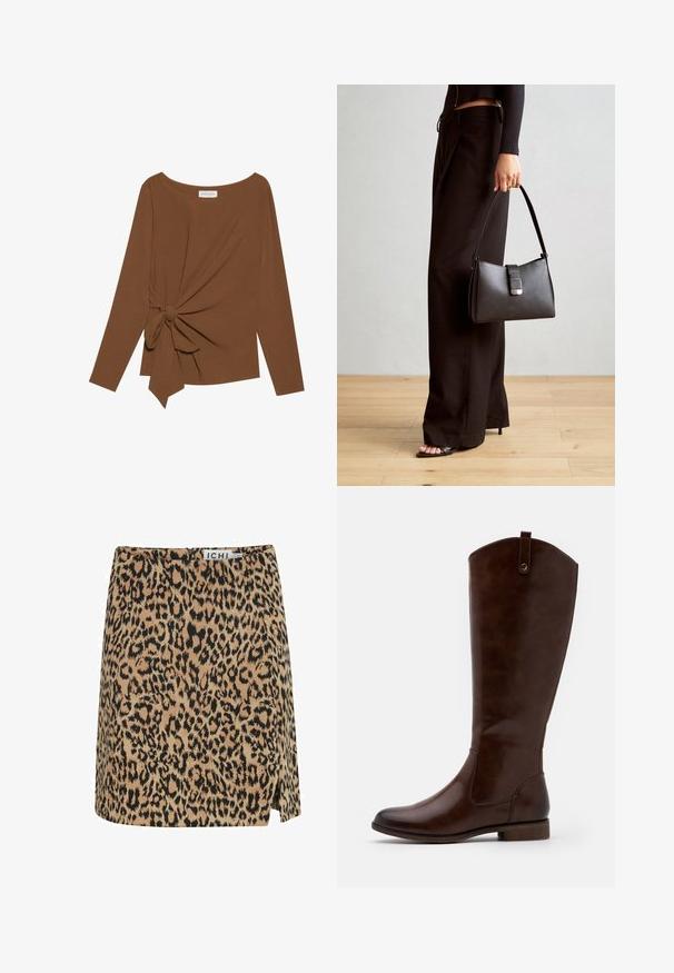 Hnědý dlouhý rukáv top s širokým výstřihem a detaily uzlu na jedné straně, vyrobený z měkké texturované látky.; Mini sukni s potiskem leopardího vzoru vyrobená z měkké látky, s béžovým podkladem a černými skvrnami, bočním rozparkem a diskrétním zapínáním na zip na zadní straně.; Hnědé kozačky do kolen vyrobené z hladké kůže, s kulatou špičkou, nízkým stohovaným podpatkem a jemným prošitím po stranách.; Černá kabelka se strukturovaným tvarem, hladkým povrchem a kovovým uzávěrem. Kombinována s širokými černými kalhotami a sandály s otevřenou špičkou na dřevěné podlaze.