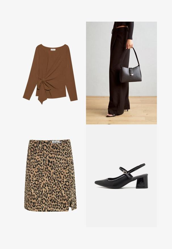 Barna, hosszú ujjú felső, széles nyakkivágással és az egyik oldalon csomó részlettel, puha, texturált anyagból készült.; Pöttyös mini szoknya puha anyagból, bézs alapszínnel és fekete foltokkal, oldalsó hasítékkal és diszkrét hátsó cipzárral.; Fekete lakk bőr, pántos magassarkú cipő, hegyes orral, lekerekített kivágással és tömbsarkal. Arany színű csat díszíti.; Fekete kézi táska strukturált formával, sima textúrával és fémből készült záródással. Széles fekete nadrággal és nyitott orrú szandállal párosítva, fából készült padlón.