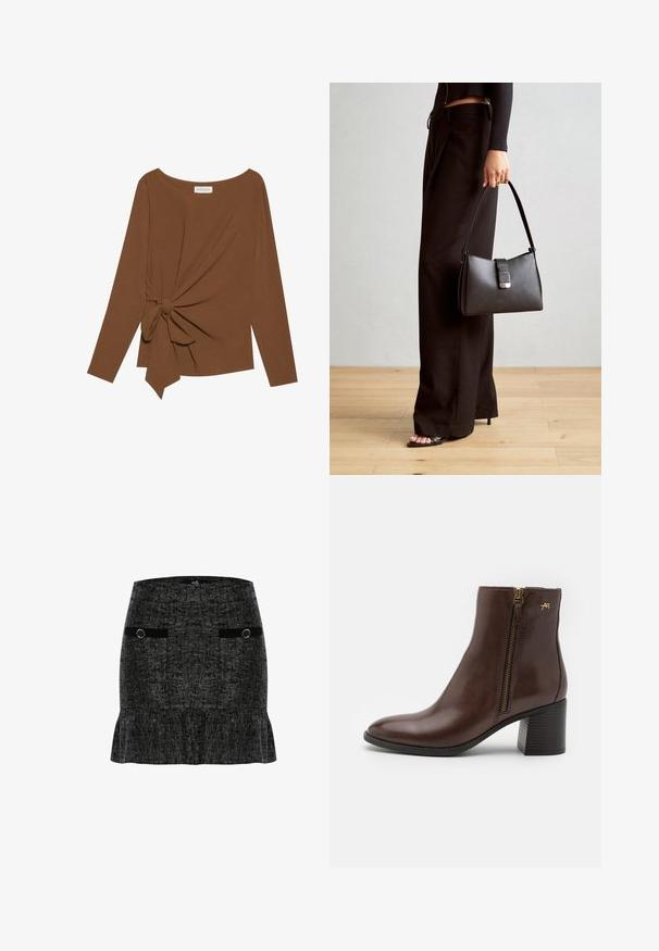 Brauner Langarm-Top mit weitem Ausschnitt und Knoten-Detail auf einer Seite, aus weichem, strukturiertem Stoff.; Schwarzer Tweed-Rock mit ausgestelltem Saum, zwei vorderen Taschen mit schwarzen Akzenten und runden goldfarbenen Beschlägen.; Braune Lederknöchelstiefel mit einer abgerundeten Spitze, seitlichem Reißverschluss mit goldenen Beschlägen und einem Blockabsatz mit strukturiertem Muster.; Schwarze Handtasche mit strukturierter Form, glatter Textur und einem metallischen Verschluss. Kombiniert mit weiten schwarzen Hosen und offenen Sandalen auf einem Holzboden.