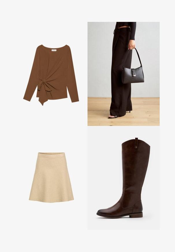 T-shirt brun à manches longues avec un col large et un détail de nœud sur un côté, fabriqué dans un tissu doux et texturé.; Une jupe évasée beige en tissu texturé avec une taille haute et un ourlet lisse, conçue pour une silhouette simple et épurée.; Bottes marron jusqu'aux genoux en cuir lisse, avec un bout arrondi, un petit talon empilé et un subtil motif de couture sur les côtés.; Sac à main noir à la forme structurée, texture lisse et fermoir métallique. Associé à un pantalon noir ample et des sandales ouvertes sur un sol en bois.