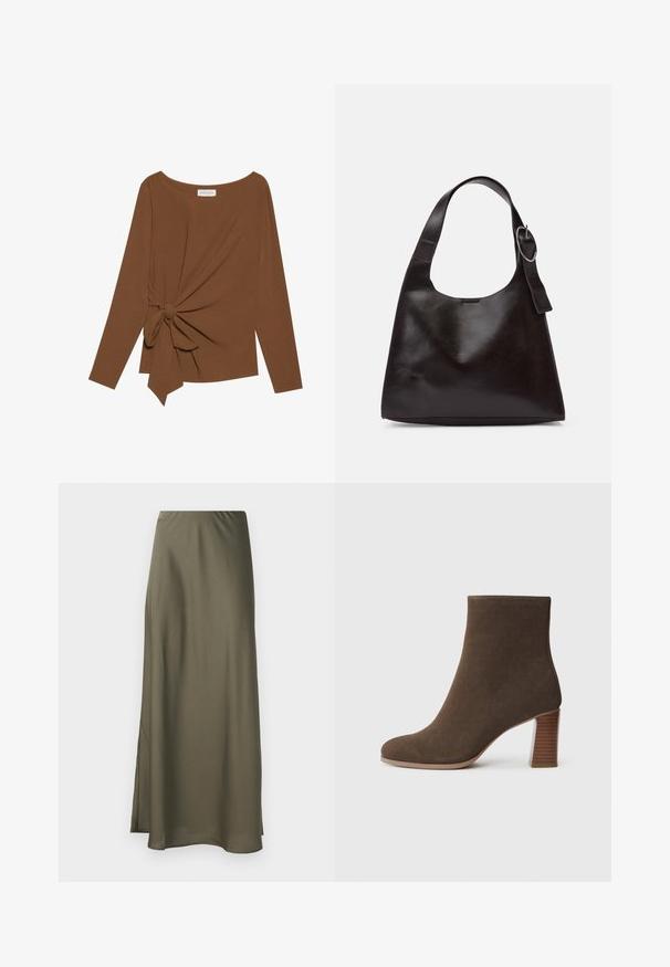 Smeđa majica dugih rukava s širokim izrezom i čvorom s jedne strane, izrađena od mekog, teksturiranog materijala.; Maslinasto zelena maksi suknja od glatkog, lepršavog materijala s bočnim prorezom i elastičnim pojasom za udobnost. Bez uzoraka ili metalnih detalja.; Smeđi nubuk čizme do gležnja s okruglim vrhom i složenim, teksturiranim potplatom. Glatka vanjština bez vidljivih kopčanja ili ukrasa.; Smeđa kožna torba preko ramena s glatkom teksturom, zaobljenim oblikom, širokim remenom i kružnim metalnim akcentom na ručki.
