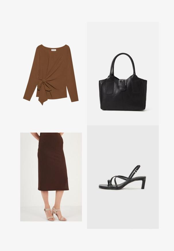 Barna, hosszú ujjú felső, széles nyakkivágással és az egyik oldalon csomó részlettel, puha, texturált anyagból készült.; Barna bordázott midi szoknya oldalsó hasítékkal, bézs magassarkú szandálokkal párosítva. A szoknya szoros derékkal és texturált anyaggal rendelkezik.; Fekete pántos szandál négyzetes orral és alacsony blokk sarkal. Több vékony pánttal és állítható boka pánttal rendelkezik. Sima bőrből készült.; Fekete bőr bevásárlótáska sima textúrával, strukturált formával, két fogantyúval és egy figyelemfelkeltő ezüst csattal az elején.