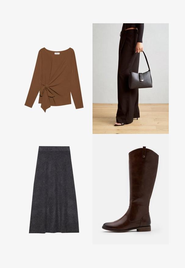 Rjava dolgosleeve majica z širokim izrezom in vozlom na eni strani, izdelana iz mehkega, teksturiranega blaga.; Temno siva, krila do kolen iz pletene tkanine z gladko teksturo in pasom. A-linijska silhueta z enakomernim robom, zasnovana za udobje in vsestranskost.; Rjave škornje do kolen, izdelane iz gladkega usnja, z zaobljenim nosom, nizkim naloženim peto in diskretnim šivanim vzorcem ob straneh.; Črna torbica z strukturirano obliko, gladko teksturo in kovinskim zaponko. Ujemajo se z širokimi črnimi hlačami in odprtimi sandali na lesenem tleh.