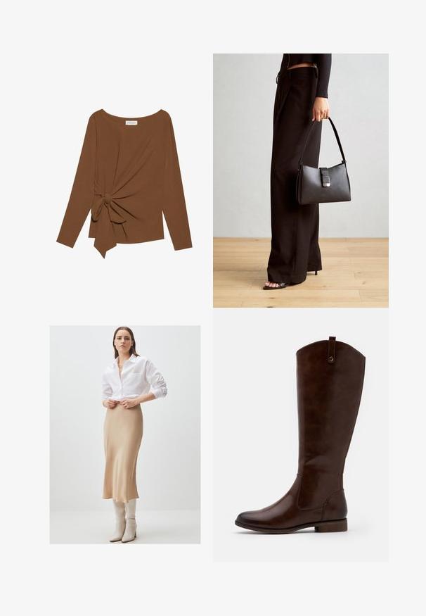 Bruine lange mouwen top met een brede halslijn en een knoopdetail aan één zijde, gemaakt van zachte, gestructureerde stof.; Jimmy Key WAIST MIDI - Kokerrok - stoned; Bruine kniehoge laarzen van soepel leer, met een ronde neus, lage gestapelde hak en een subtiel stikselpatroon langs de zijkanten.; Zwarte handtas met gestructureerde vorm, gladde textuur en een metalen sluiting. Gecombineerd met brede zwarte broeken en sandalen met open teen op een houten vloer.