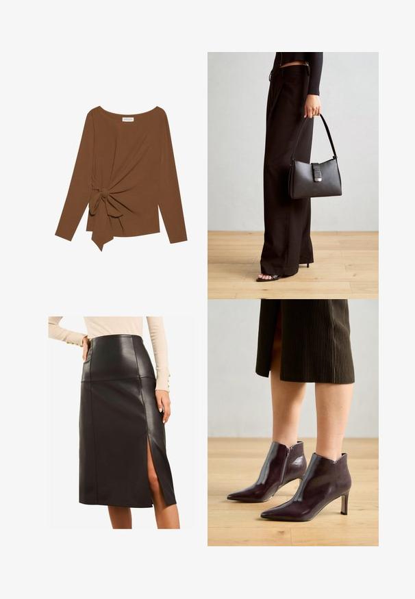Barna, hosszú ujjú felső, széles nyakkivágással és az egyik oldalon csomó részlettel, puha, texturált anyagból készült.; Fekete bőrmidi szoknya magas derékkal, oldalsó hasítékkal, letisztult designnal, sima textúrával és látható fém részletek nélkül.; Bordó bőr bokacsizma hegyes orral és vékony sarkal. Oldalsó cipzárral rendelkezik és sima, fényes textúrája van.; Fekete kézi táska strukturált formával, sima textúrával és fémből készült záródással. Széles fekete nadrággal és nyitott orrú szandállal párosítva, fából készült padlón.