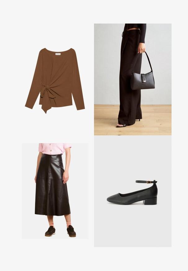 Ruda ilga rankovė viršutinė dalis su plačiu iškirpimu ir mazgo detale vienoje pusėje, pagaminta iš minkštos, tekstūruotos medžiagos.; Juodos odinės midi sijonas su lygiu paviršiumi, aukštu juosmeniu ir detalių skyriais. Sujungtas su rudomis sportinėmis batelėmis ir rožinėmis kojinėmis.; Juodas odinis aukštakulnis batelis su smailiu pirštu ir žemu bloku. Su kulkšnies dirželiu su auksinės spalvos sagtimi. Lygus paviršius.; Juodas rankinė struktūrizuota forma, lygi tekstūra ir metalinis užsegimas. Suporuota su plačiomis juodomis kelnėmis ir atvirais bateliais ant medinių grindų.