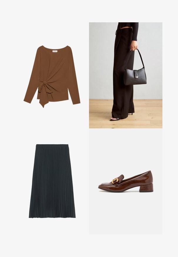 T-shirt brun à manches longues avec un col large et un détail de nœud sur un côté, fabriqué dans un tissu doux et texturé.; Jupe midi plissée en gris foncé avec une taille élastique. Présente des plis verticaux sur toute la surface pour apporter texture et fluidité. Fini en tissu lisse.; Mocassins en cuir marron avec une finition brillante, dotés d'une boucle décorative en or à l'avant et d'un talon bas. Design classique.; Sac à main noir à la forme structurée, texture lisse et fermoir métallique. Associé à un pantalon noir ample et des sandales ouvertes sur un sol en bois.
