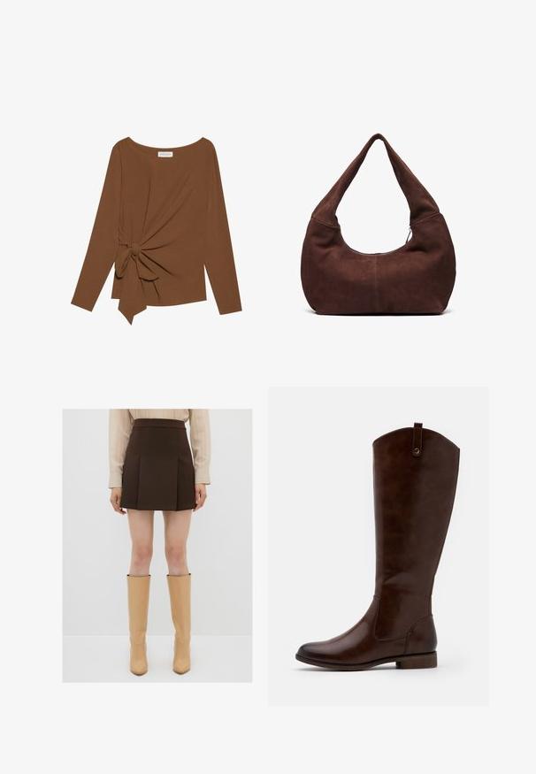 Brauner Langarm-Top mit weitem Ausschnitt und Knoten-Detail auf einer Seite, aus weichem, strukturiertem Stoff.; Brauner plissierter Minirock mit hohem Taillendesign, aus strukturiertem Stoff, kombiniert mit beigen knielangen Absatzstiefeln.; Braune kniehohe Stiefel aus glattem Leder, mit runder Zehenform, niedrigem Blockabsatz und einem dezente Stichmuster an den Seiten.; Braune Wildleder-Hobo-Tasche mit einem gebogenen, breiten Griff und einer großen Öffnung. Weiche Textur mit sichtbaren abgesteppten Details entlang der Kanten.