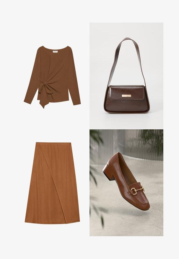 Bruine lange mouwen top met een brede halslijn en een knoopdetail aan één zijde, gemaakt van zachte, gestructureerde stof.; Bruine, knielange wikkelrok gemaakt van zachte stof. Kenmerkt zich door een asymmetrisch ontwerp met een zijnaaddetail en een gladde textuur.; Bruine lakleren loafer met vierkante neus, metallic kettingaccent en lage blokhak; gladde textuur, minimalistisch ontwerp.; Bruine leren schoudertas met een gestructureerde vorm, voorzien van een magnetische klepsluiting en een metallic logoaccent aan de voorkant.