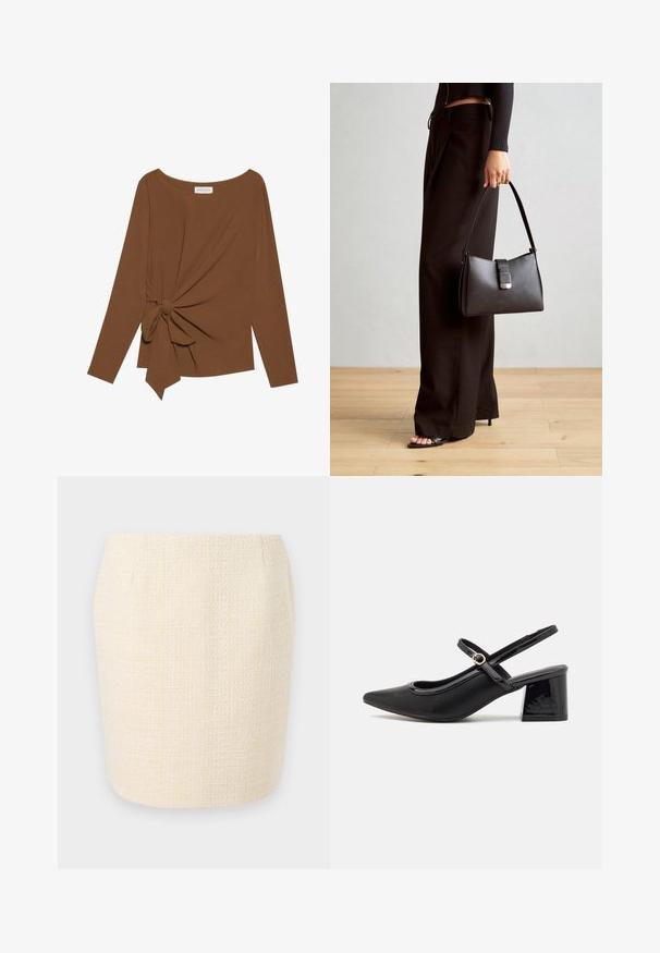 Smeđa majica dugih rukava s širokim izrezom i čvorom s jedne strane, izrađena od mekog, teksturiranog materijala.; Tkanjena krem suknja olovka s teksturiranim finišem, koja ima ravnu siluetu i suptilne vertikalne linije kroz cijelu površinu.; Crne lakirane slingback visoke potpetice s šiljastim vrhom, zaobljenim izrezom i blok potpeticom. Sadrži akcent zlatnog tona s kopčom.; Crna torba s oblikom koji sadrži strukturu, glađu teksturu i metalnu kopču. Uparena s širokim crnim hlačama i sandalama na otvorenom s drvenog poda.