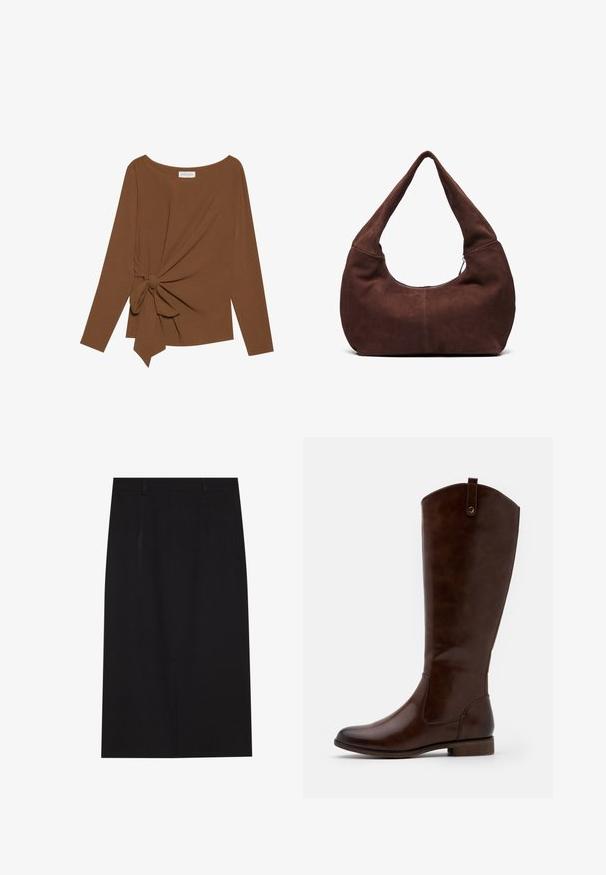 Pruuni pikad varrukad ja laia kaelusega topp, millel on ühe külje sõlmekaunistus, valmistatud pehmest ja tekstuuriga kangast.; Musthave musta kuni põlveni ulatuv pliiatsseelik, mis on valmistatud siledast kangast. Omab puhtat disaini, kus on kaks esiosa õmblust ja varjatud tõmblukk taga.; Prunadest kõrge kontsaga saapad, mis on valmistatud siledast nahast, ümarate varvastega, madala tindikontsaga ja peene õmblusmustriga külgedel.; Pruuni nahkhiirekott, millega on kaasas kumer ja lai käepide ning suur avaus. Pehme tekstuuriga, mille servadel on nähtavad õmblustähed.