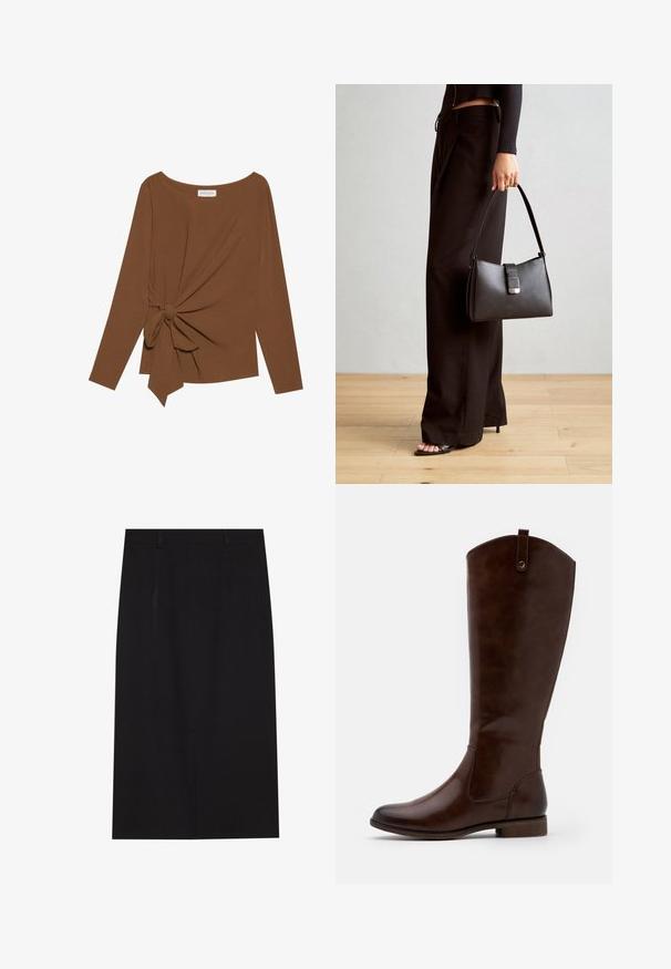 Ruskea pitkähihaisen ylin vaate, jossa on leveä pääntie ja solmukohta toisella sivulla, valmistettu pehmeästä, teksturoidusta kankaasta.; Mustat polviin saakka ulottuvat kynähameet, jotka on valmistettu sileästä kankaasta. Ominaisuuksiin kuuluu yksinkertainen muotoilu, johon kuuluu kaksi etuseamsta ja piilotettu vetoketju takana.; Ruske knee-high sačinjene od glatke kože, s okruglim nosom, niskim složenim potplatom i suptilnim uzorkom šavova duž strana.; Musta käsilaukku, jossa on rakenteellinen muoto, sileä pinta ja metallinen solki. Yhdistetty leveisiin mustiin housuihin ja avonaiheisiin sandaaleihin puulattialla.