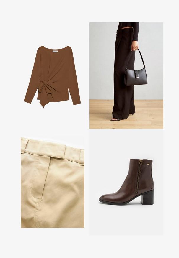 Brązowy, długi rękaw top z szerokim dekoltem i węzełkowym detalem po jednej stronie, wykonany z miękkiego, teksturowanego materiału.; Next UTILITY beżowy; Brązowy skórzany botek za kostkę z okrągłym noskiem, bocznym zamkiem błyskawicznym z złotym wykończeniem oraz obcasem w kształcie bloku z teksturowanym wzorem.; Czarna torebka o usztywnionym kształcie, gładkiej fakturze i metalowym zapięciem. Połączona z szerokimi czarnymi spodniami i sandałami na otwartym palcu na drewnianej podłodze.