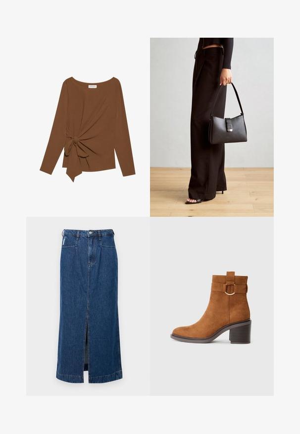Maglia marrone a maniche lunghe con scollatura ampia e un dettaglio a nodo su un lato, realizzata in tessuto morbido e testurizzato.; Gonna midi in denim blu scuro, con spacco frontale, design a cinque tasche e passanti per cintura in vita. Texture liscia e resistente.; Stivaletto in suede marrone con punta rotonda, tacco a blocco e una cintura decorativa con dettagli di fibbia circolare.; Borsa nera con forma strutturata, texture liscia e una chiusura metallica. Abbinata a pantaloni neri larghi e sandali open-toe su un pavimento in legno.