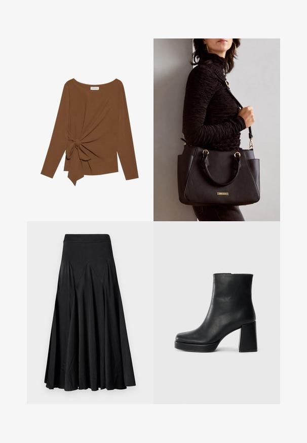 Brown long-sleeve top featuring a wide neckline and a knot detail on one side, made of soft, textured fabric.; Black flared skirt with an elastic waistband, made from a smooth fabric, featuring pleated detailing for added texture and flow.; Black leather ankle boot with a block heel and platform sole, viewed from the side on a plain white background.; Black handbag with textured surface, dual top handles, and adjustable shoulder strap. Features gold-tone hardware and side pockets.