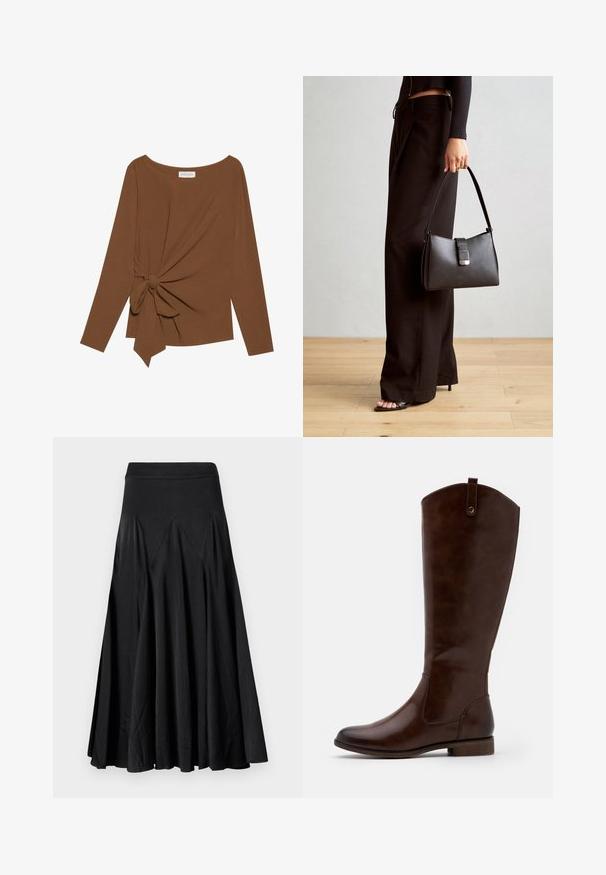 Bruine lange mouwen top met een brede halslijn en een knoopdetail aan één zijde, gemaakt van zachte, gestructureerde stof.; Zwarte wijde rok met een elastische tailleband, gemaakt van een gladde stof, met plooidetails voor extra textuur en flow.; Bruine kniehoge laarzen van soepel leer, met een ronde neus, lage gestapelde hak en een subtiel stikselpatroon langs de zijkanten.; Zwarte handtas met gestructureerde vorm, gladde textuur en een metalen sluiting. Gecombineerd met brede zwarte broeken en sandalen met open teen op een houten vloer.