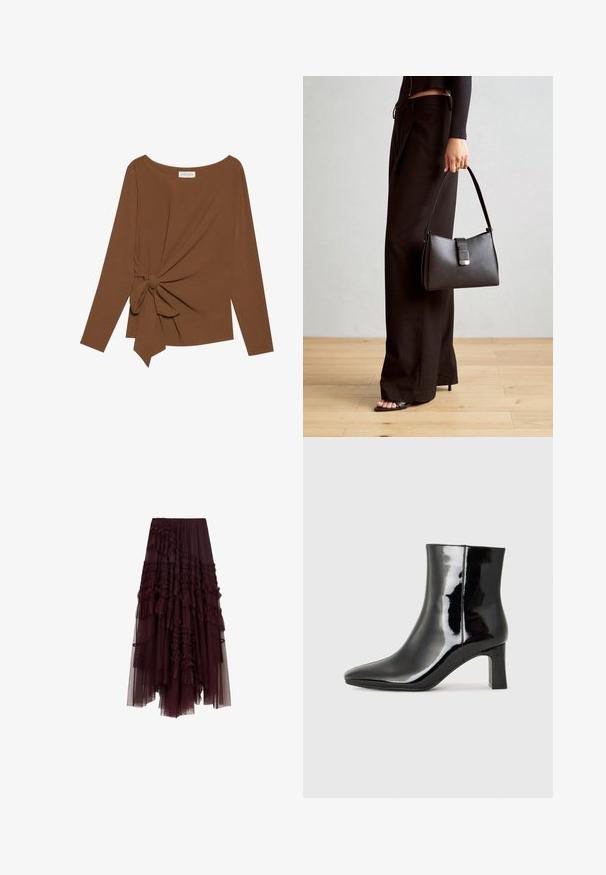 Rjava dolgosleeve majica z širokim izrezom in vozlom na eni strani, izdelana iz mehkega, teksturiranega blaga.; Burgundska tulle krila z oblaki, elastičnim pasom in različnimi dolžinami, ki se ponaša z mehko, lahko teksturo.; Črne lakirane gležnjarje z ošiljenim nosom in srednje visokim blokastim peto. Gladka tekstura in minimalističen dizajn.; Črna torbica z strukturirano obliko, gladko teksturo in kovinskim zaponko. Ujemajo se z širokimi črnimi hlačami in odprtimi sandali na lesenem tleh.