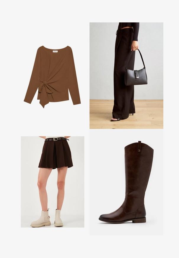 Smeđa majica dugih rukava s širokim izrezom i čvorom s jedne strane, izrađena od mekog, teksturiranog materijala.; Smeđa suknja s plisama, s uskim pojasom i kontrastnim smešnim remenom sa zlatnom kopčom. Uparena s bež čizmama do gležnja.; Smeđe čizme do koljena od glatke kože, sa zaobljenim vrhom, niskom slojevitom potpeticom i suptilnim uzorkom šavova duž strana.; Crna torba s oblikom koji sadrži strukturu, glađu teksturu i metalnu kopču. Uparena s širokim crnim hlačama i sandalama na otvorenom s drvenog poda.