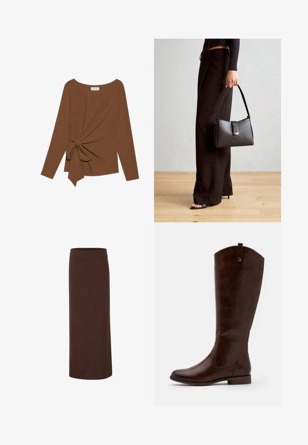 T-shirt brun à manches longues avec un col large et un détail de nœud sur un côté, fabriqué dans un tissu doux et texturé.; Jupe midi marron en tissu lisse, dotée d'une taille ajustée et d'une silhouette droite sans motifs ni accents visibles.; Bottes marron jusqu'aux genoux en cuir lisse, avec un bout arrondi, un petit talon empilé et un subtil motif de couture sur les côtés.; Sac à main noir à la forme structurée, texture lisse et fermoir métallique. Associé à un pantalon noir ample et des sandales ouvertes sur un sol en bois.