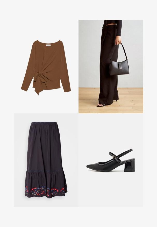 Brūna garām piedurknēm topa, kas izceļas ar plašu dekoltē un mezglu detaļu vienā pusē, izgatavota no mīkstas, teksturētas auduma.; Tumši pelēkas kokvilnas svārki ar vairākiem līmeņiem un izšūti ziedu akcenti sarkanā, zilā un dzeltenā krāsā apakšmalā. Ar elastīgu jostu.; Melns patentēts ādas sandales ar norādīta pirksta formu, noapaļotu izgriezuma dizainu un bloķētu papēdi. Iezīmēta ar zelta toņa sprādzi.; Melnā somiņa ar strukturētu formu, gludu tekstūru un metālu sprādzi. Saskaņota ar platām melnām biksēm un sandālēm ar atvērtu purngalu uz koka grīdas.