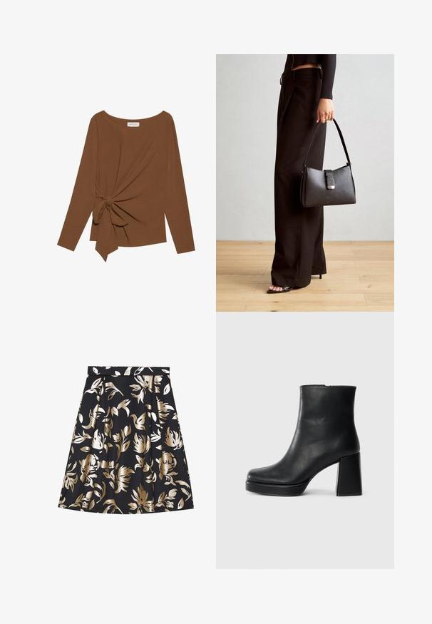 Ruda ilga rankovė viršutinė dalis su plačiu iškirpimu ir mazgo detale vienoje pusėje, pagaminta iš minkštos, tekstūruotos medžiagos.; Anna Field Trapecinis sijonas - black; Juodas odinis kulkšninis botas su bloku ir platformos padu, matomas šoniniu vaizdu ant balto fono.; Juodas rankinė struktūrizuota forma, lygi tekstūra ir metalinis užsegimas. Suporuota su plačiomis juodomis kelnėmis ir atvirais bateliais ant medinių grindų.