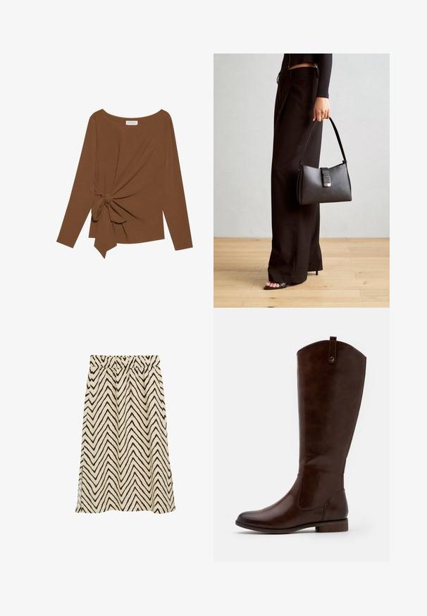 Brauner Langarm-Top mit weitem Ausschnitt und Knoten-Detail auf einer Seite, aus weichem, strukturiertem Stoff.; Beige Rock mit elastischem Bund und dunkelbraunen Zickzackstreifen; leichtes Material mit leicht strukturiertem Griff; seitliche Schlitze für zusätzlichen Bewegungsspielraum.; Braune kniehohe Stiefel aus glattem Leder, mit runder Zehenform, niedrigem Blockabsatz und einem dezente Stichmuster an den Seiten.; Schwarze Handtasche mit strukturierter Form, glatter Textur und einem metallischen Verschluss. Kombiniert mit weiten schwarzen Hosen und offenen Sandalen auf einem Holzboden.