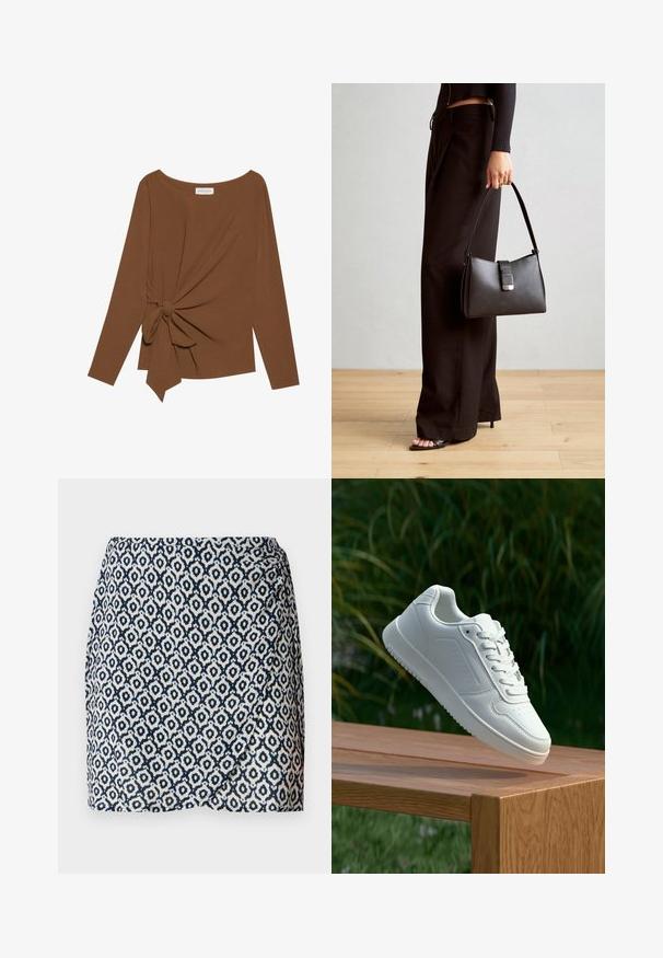 Smeđa majica dugih rukava s širokim izrezom i čvorom s jedne strane, izrađena od mekog, teksturiranog materijala.; Suknja omota u mornarsko plavoj i bijeloj boji s geometrijskim uzorcima, lagani materijal, struk fit, i lagani drape na rubu.; Bijela tenisica sa glatkim sintetičkim gornjim dijelom, perforiranim prednjim dijelom, ravnim vezicama i teksturiranom potplatom, prikazana na drvenoj površini.; Crna torba s oblikom koji sadrži strukturu, glađu teksturu i metalnu kopču. Uparena s širokim crnim hlačama i sandalama na otvorenom s drvenog poda.