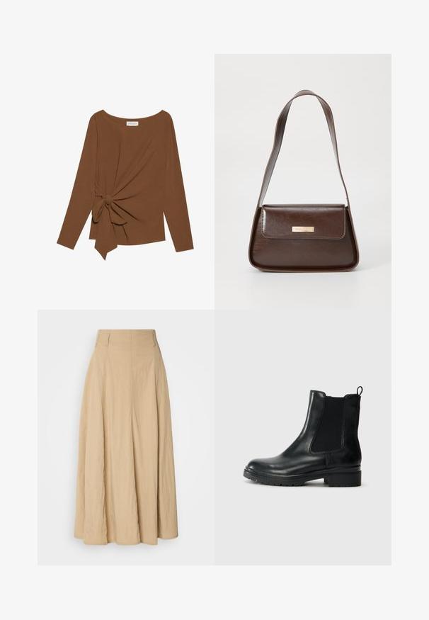 Pruuni pikad varrukad ja laia kaelusega topp, millel on ühe külje sõlmekaunistus, valmistatud pehmest ja tekstuuriga kangast.; Beež kõrge vöökoha maxiseelik, mis on valmistatud tekstuurilisest kangast, millel on allapoole voolavad voldid, puhas ja lihtne disain ning ilma nähtavate mustriteta.; Tamaris Klassikalised poolsaapad - black glam; Pruun nahast õlalina, millel on struktureeritud kuju, magnetist klapiga sulgemine ja esiküljel metallne logo aksessuaar.