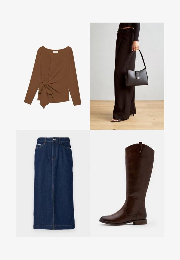 Rjava dolgosleeve majica z širokim izrezom in vozlom na eni strani, izdelana iz mehkega, teksturiranega blaga.; Jeans krilo v temno modri barvi s ravnim krojem, ima oranžne šive, pas z zankami za pas in sprednje žepke.; Rjave škornje do kolen, izdelane iz gladkega usnja, z zaobljenim nosom, nizkim naloženim peto in diskretnim šivanim vzorcem ob straneh.; Črna torbica z strukturirano obliko, gladko teksturo in kovinskim zaponko. Ujemajo se z širokimi črnimi hlačami in odprtimi sandali na lesenem tleh.