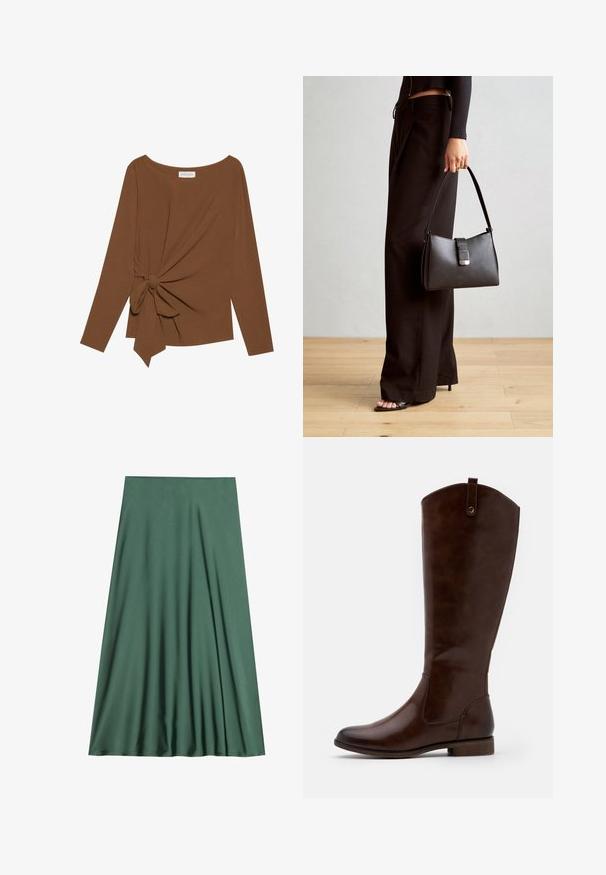 Brun langermet topp med bred hals og en knutedetalj på den ene siden, laget av mykt, teksturert stoff.; Grønn midi-skjørt laget av glatt, lett stoff. Har et flytende design med folder, ingen synlige lukkinger eller mønstre.; Brune kneehøye støvler laget av glatt lær, med rund tå, lav stablet hæl og et subtilt søm mønster langs sidene.; Svart håndveske med strukturert form, jevn tekstur og metallisk lås. Kombinert med brede svarte bukser og sandaler med åpen tå på tregulv.