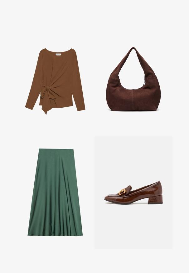 Brown long-sleeve top featuring a wide neckline and a knot detail on one side, made of soft, textured fabric.; Green midi skirt made of smooth, lightweight fabric. Features a flowing design with pleats, no visible fastenings or patterns.; Brown leather loafers with a glossy finish, featuring a decorative gold buckle on the front and a low block heel. Classic design.; Brown suede hobo bag with a curved, wide handle and a large opening. Soft texture with visible stitching detailing along the edges.