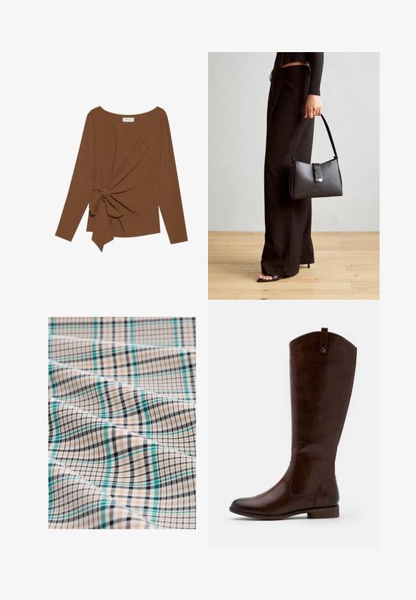 Brauner Langarm-Top mit weitem Ausschnitt und Knoten-Detail auf einer Seite, aus weichem, strukturiertem Stoff.; Karosstoff in Beige, Schwarz und Petrol. Besitzt ein Gittermuster mit feinen Linien und einer strukturierten Oberfläche, die eine Mischung aus Karos und Streifen zeigt.; Braune kniehohe Stiefel aus glattem Leder, mit runder Zehenform, niedrigem Blockabsatz und einem dezente Stichmuster an den Seiten.; Schwarze Handtasche mit strukturierter Form, glatter Textur und einem metallischen Verschluss. Kombiniert mit weiten schwarzen Hosen und offenen Sandalen auf einem Holzboden.