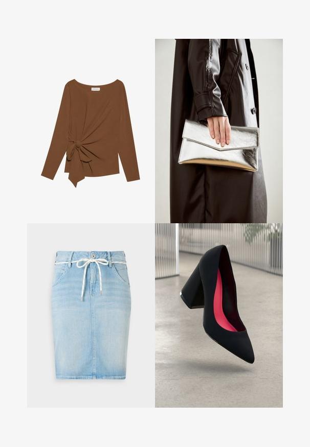 Brun langermet topp med bred hals og en knutedetalj på den ene siden, laget av mykt, teksturert stoff.; Lys blå denimskjørt med snorstrammet midje, fem lommer og rett silhuett. Har et subtilt falmet mønster over hele.; Svart høye hæler med spiss tå, teksturert overflate og en livlig rosa innside. Har en kraftig hæl med sølvdetaljer.; Sølv metallisk clutch med et vinklet konvoluttdesign, glatt tekstur og kontrastfarge på innsiden, holdt i en hånd iført en svart kåpe.