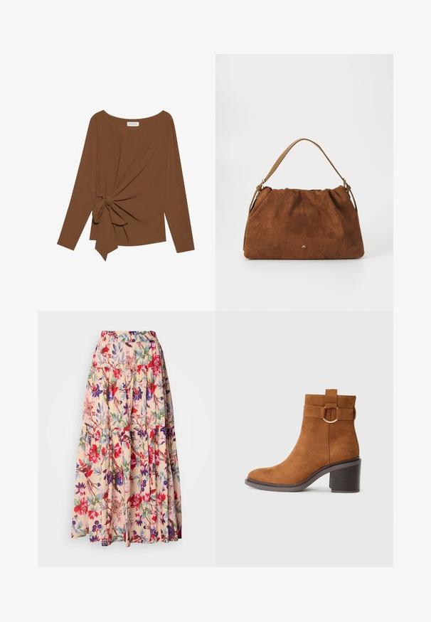Rjava dolgosleeve majica z širokim izrezom in vozlom na eni strani, izdelana iz mehkega, teksturiranega blaga.; Cvečni maksi krilo z elastičnim pasom, z bež ozadjem in živahnimi rdečimi, vijoličnimi ter zelenimi cvetličnimi vzorci; s plastmi.; Rjavi semiš gleženjski čevelj z zaobljenim nosom, blok peto in dekorativnim pasom, ki vključuje okroglo sponko.; Rjava nubukova torbica z nabranim dizajnom, ki ima en sam tanek usnjen ročaj in subtilno zlate podrobnosti s logotipom na sprednji strani.