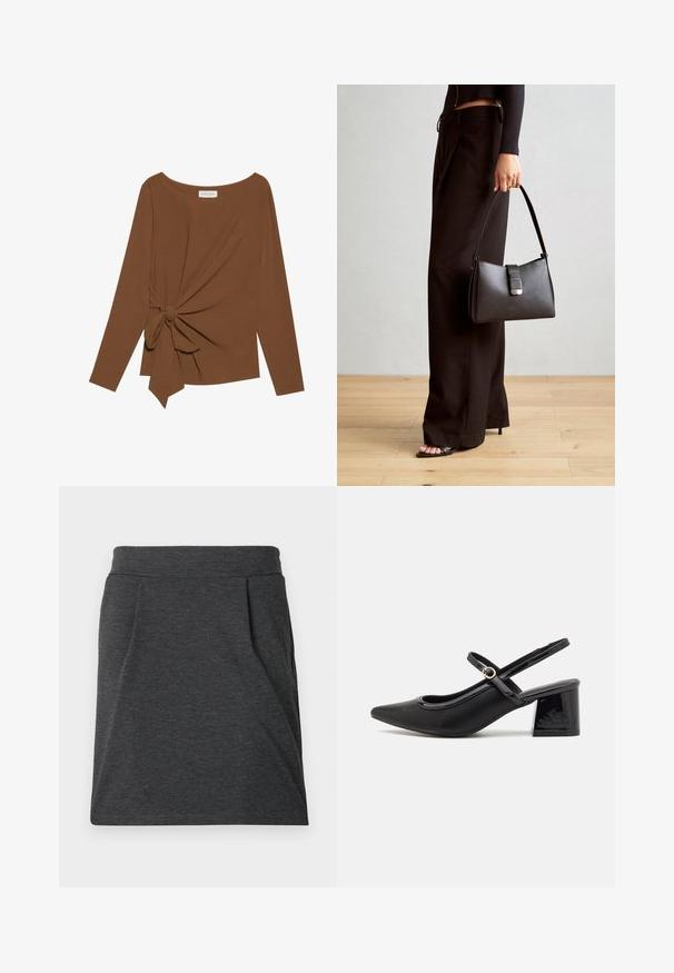 Brauner Langarm-Top mit weitem Ausschnitt und Knoten-Detail auf einer Seite, aus weichem, strukturiertem Stoff.; Dunkelgrauer Stoffrock mit einem eng anliegendem Bund, der Falten für zusätzliche Struktur aufweist. Gerader Schnitt, minimale Nähte und keine Muster.; Schwarze Lackleder-Slingback-Absätze mit spitzer Zehenform, einem runden Ausschnitt-Design und einem Blockabsatz. Mit einem goldfarbenen Schnallenakzent.; Schwarze Handtasche mit strukturierter Form, glatter Textur und einem metallischen Verschluss. Kombiniert mit weiten schwarzen Hosen und offenen Sandalen auf einem Holzboden.