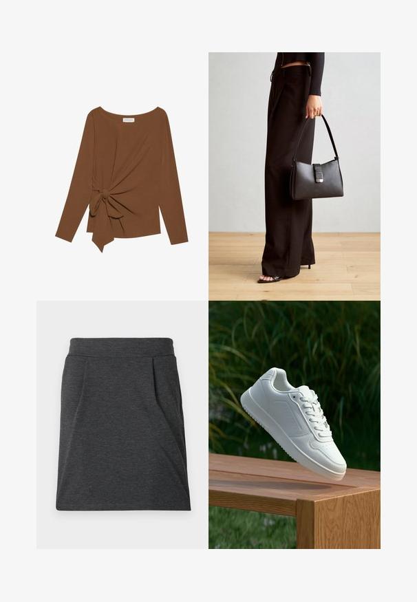 Brauner Langarm-Top mit weitem Ausschnitt und Knoten-Detail auf einer Seite, aus weichem, strukturiertem Stoff.; Dunkelgrauer Stoffrock mit einem eng anliegendem Bund, der Falten für zusätzliche Struktur aufweist. Gerader Schnitt, minimale Nähte und keine Muster.; Weiße Sneaker mit einem glatten, synthetischen Obermaterial, perforierter Zehenbox, flachen Schnürsenkeln und einer strukturierten Sohle, präsentiert auf einer Holzoberfläche.; Schwarze Handtasche mit strukturierter Form, glatter Textur und einem metallischen Verschluss. Kombiniert mit weiten schwarzen Hosen und offenen Sandalen auf einem Holzboden.