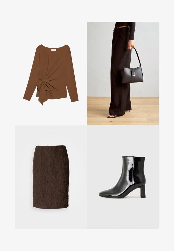 Smeđa majica dugih rukava s širokim izrezom i čvorom s jedne strane, izrađena od mekog, teksturiranog materijala.; Smeđa suknja do koljena izrađena od teksturiranog materijala s naboranom površinom. Ima prilagođen dizajn i nema vidljivih zatvarača ili detalja.; Crne lakirane kožne gležnjače s šiljastim prstom i srednje visokom blok petom. Glatka tekstura i minimalistički dizajn.; Crna torba s oblikom koji sadrži strukturu, glađu teksturu i metalnu kopču. Uparena s širokim crnim hlačama i sandalama na otvorenom s drvenog poda.