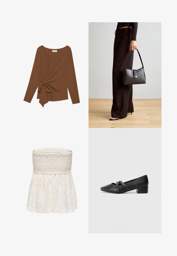 Brun langermet topp med bred hals og en knutedetalj på den ene siden, laget av mykt, teksturert stoff.; Ermeløs hvit topp med struttede detaljer og en utsvingt, blondermønstrede nedre del. Har intrikate utskjæringer.; Sorte lær med blokkhelt sko med firkantet tå. Har to stropper med gullspenner over vristen. Glatt tekstur, minimalistisk design.; Svart håndveske med strukturert form, jevn tekstur og metallisk lås. Kombinert med brede svarte bukser og sandaler med åpen tå på tregulv.