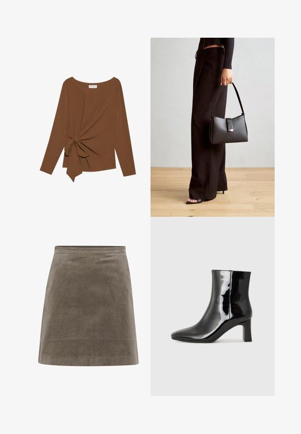 Hnědý dlouhý rukáv top s širokým výstřihem a detaily uzlu na jedné straně, vyrobený z měkké texturované látky.; Khaki manšestrová mini sukně s rovnou siluetou, hladkou texturou a jednoduchým pasem, zdobená vertikálními proužky po celé ploše.; Černé lakované kotníkové boty s špičatou špičkou a středně vysokým blokovým podpatkem. Hladká textura a minimalistický design.; Černá kabelka se strukturovaným tvarem, hladkým povrchem a kovovým uzávěrem. Kombinována s širokými černými kalhotami a sandály s otevřenou špičkou na dřevěné podlaze.