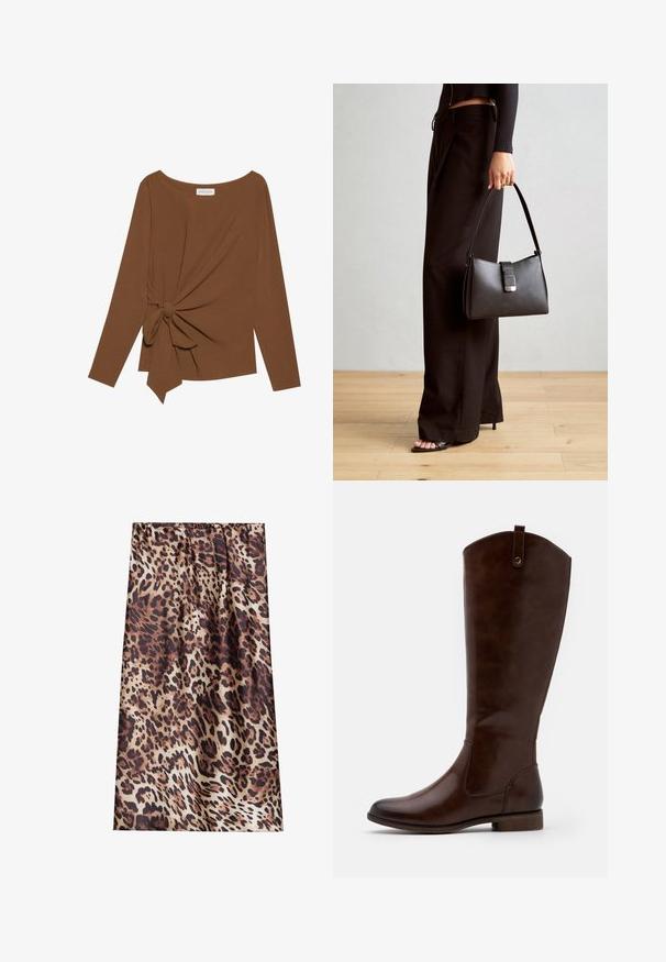 Bruine lange mouwen top met een brede halslijn en een knoopdetail aan één zijde, gemaakt van zachte, gestructureerde stof.; Panterprint stof met bruine en zwarte vlekken op een beige achtergrond, zachte textuur en een geplooide taille.; Bruine kniehoge laarzen van soepel leer, met een ronde neus, lage gestapelde hak en een subtiel stikselpatroon langs de zijkanten.; Zwarte handtas met gestructureerde vorm, gladde textuur en een metalen sluiting. Gecombineerd met brede zwarte broeken en sandalen met open teen op een houten vloer.