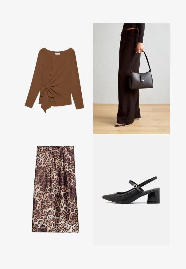 Brown long-sleeve top featuring a wide neckline and a knot detail on one side, made of soft, textured fabric.; Leopard print fabric with brown and black spots on a beige background, soft texture, and gathered waist design.; Black patent leather slingback heels with a pointed toe, a rounded cutout design, and a block heel. Features a gold-tone buckle accent.; Black handbag with structured shape, smooth texture, and a metallic clasp. Paired with wide black pants and open-toe sandals on wooden floor.