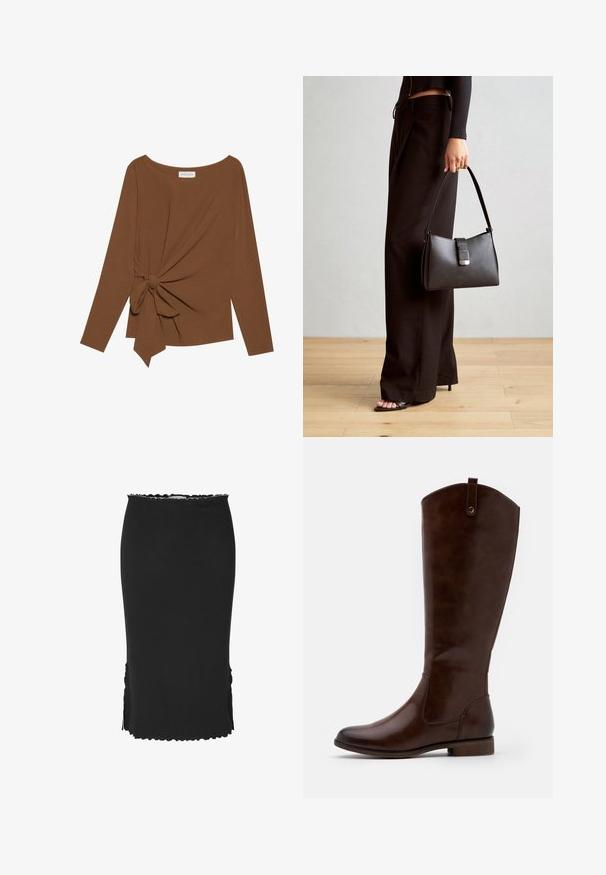 T-shirt brun à manches longues avec un col large et un détail de nœud sur un côté, fabriqué dans un tissu doux et texturé.; Jupe noire longue jusqu'aux chevilles, confectionnée dans un tissu texturé, avec un ourlet festonné et des fentes sur les côtés pour plus de mobilité.; Bottes marron jusqu'aux genoux en cuir lisse, avec un bout arrondi, un petit talon empilé et un subtil motif de couture sur les côtés.; Sac à main noir à la forme structurée, texture lisse et fermoir métallique. Associé à un pantalon noir ample et des sandales ouvertes sur un sol en bois.